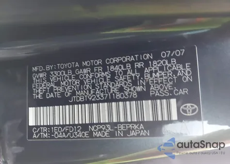 2007 Toyota Yaris from USA, damaged, VIN JTDBT923371180378